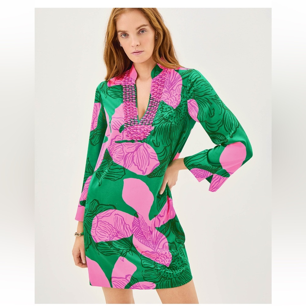 NWT Lilly Pulitzer Irella Green & Pink Floral Satin Preppy Dress. Size 12. - Picture 3 of 6